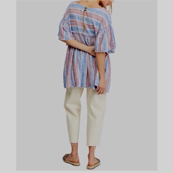FREE PEOPLE SUMMER NIGHTS STRIPED COTTON TUNIC  MINI DRESS SHORT BELL-SLEEVE TOP - Picture 3 of 16